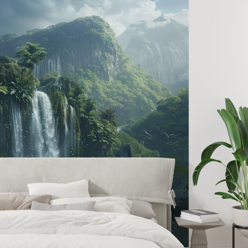 Papier peint photo cascade en montagne tapisserie tendance