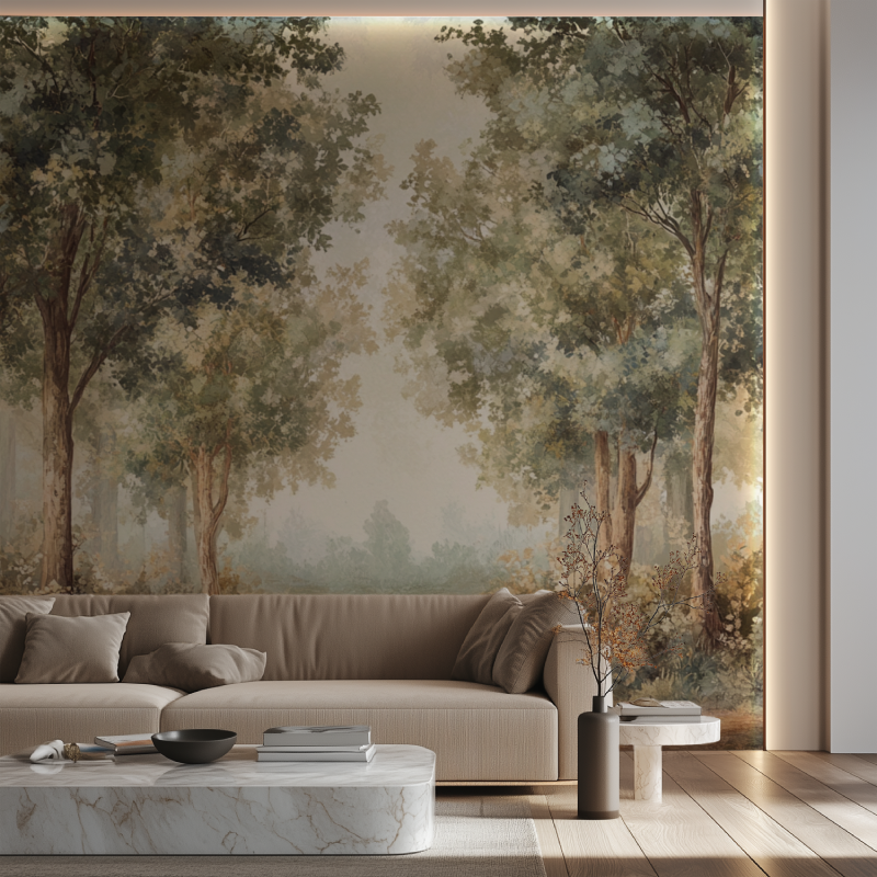 Papier peint arbre panoramique canape neon