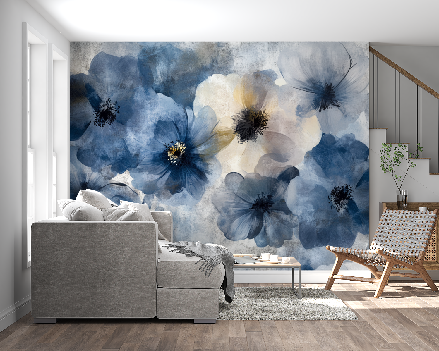 Papier peint aquarelle fleurs a...ur beton panoramique mural