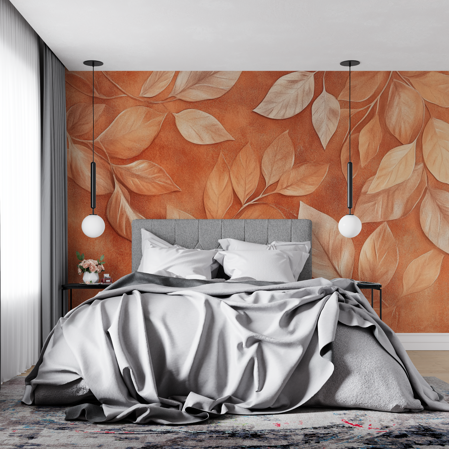 Papier peint terracotta et feuilles dorees 4murs