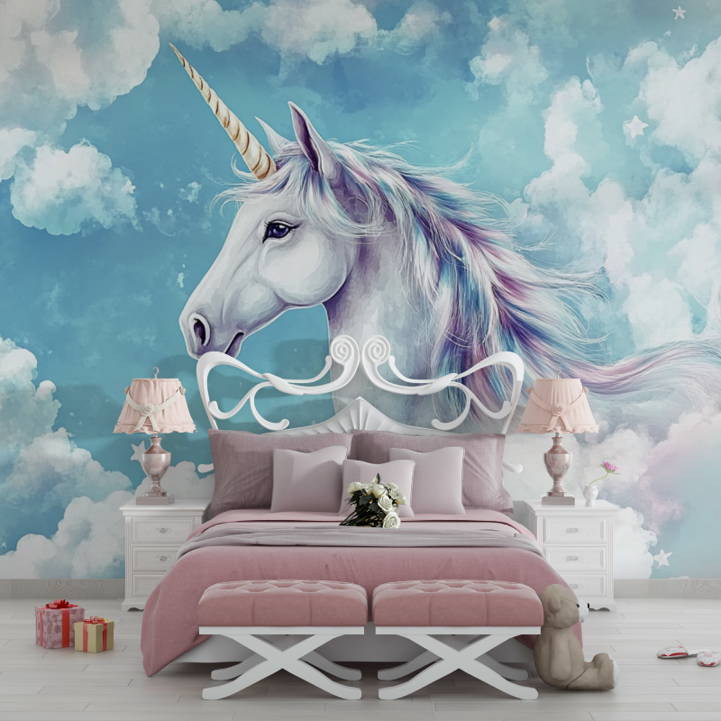 Papier peint licorne ciel bleu amoureux chambre filles