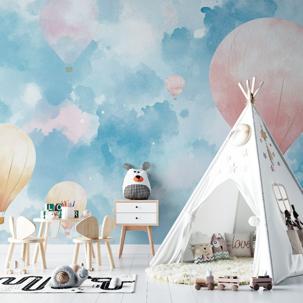Papier peint montgolfiere et ciel aquarelle chambre bebe