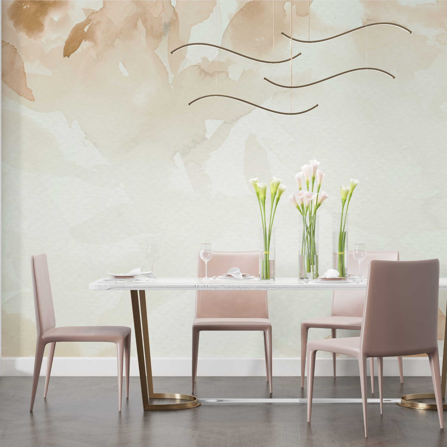Papier peint aquarelle feuilles beiges salon
