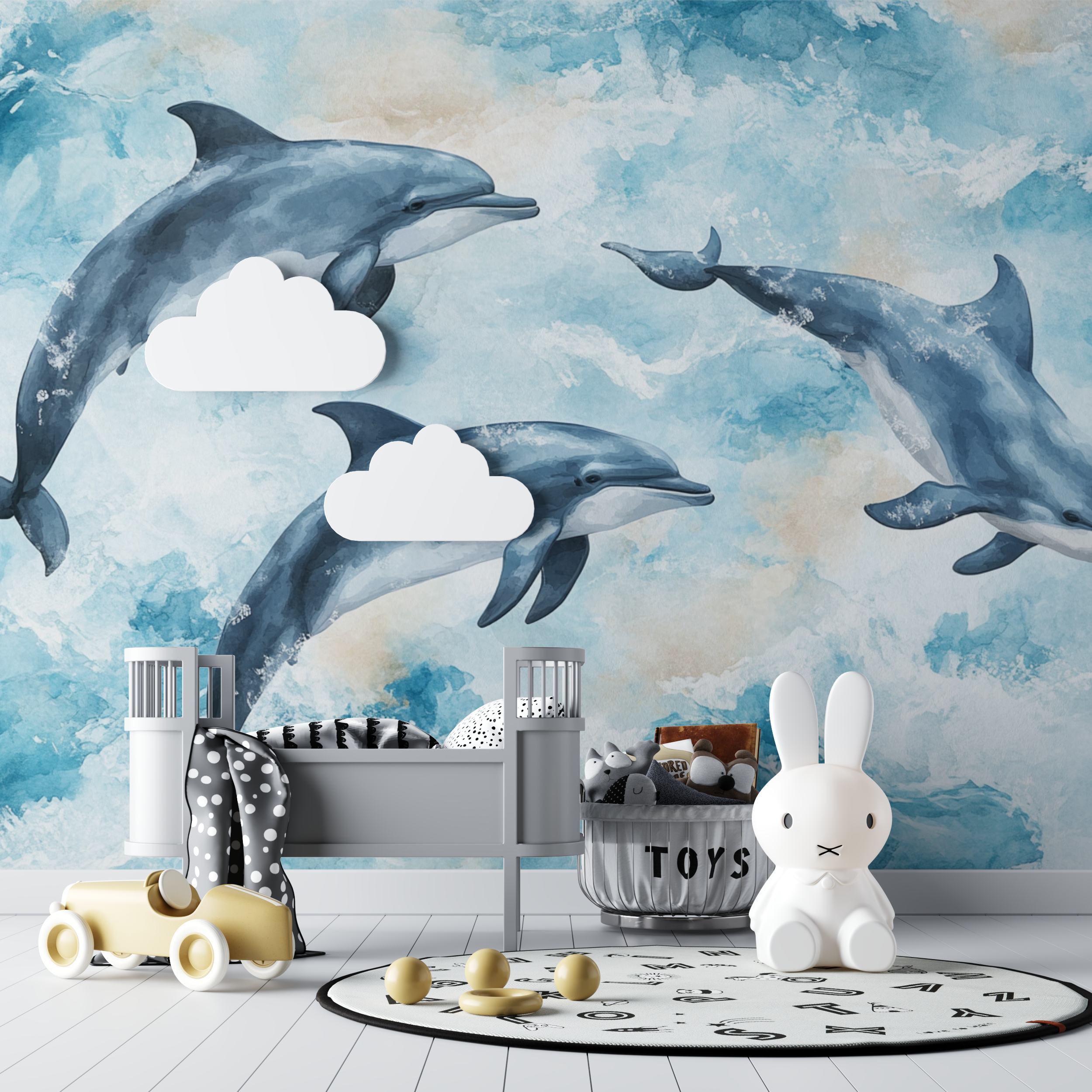 Papier peint marin aquarelle dauphins joyeux bebe tipi