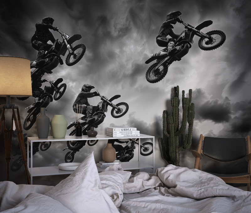 Papier peint 3d moto cross noir blanc chambre dado1