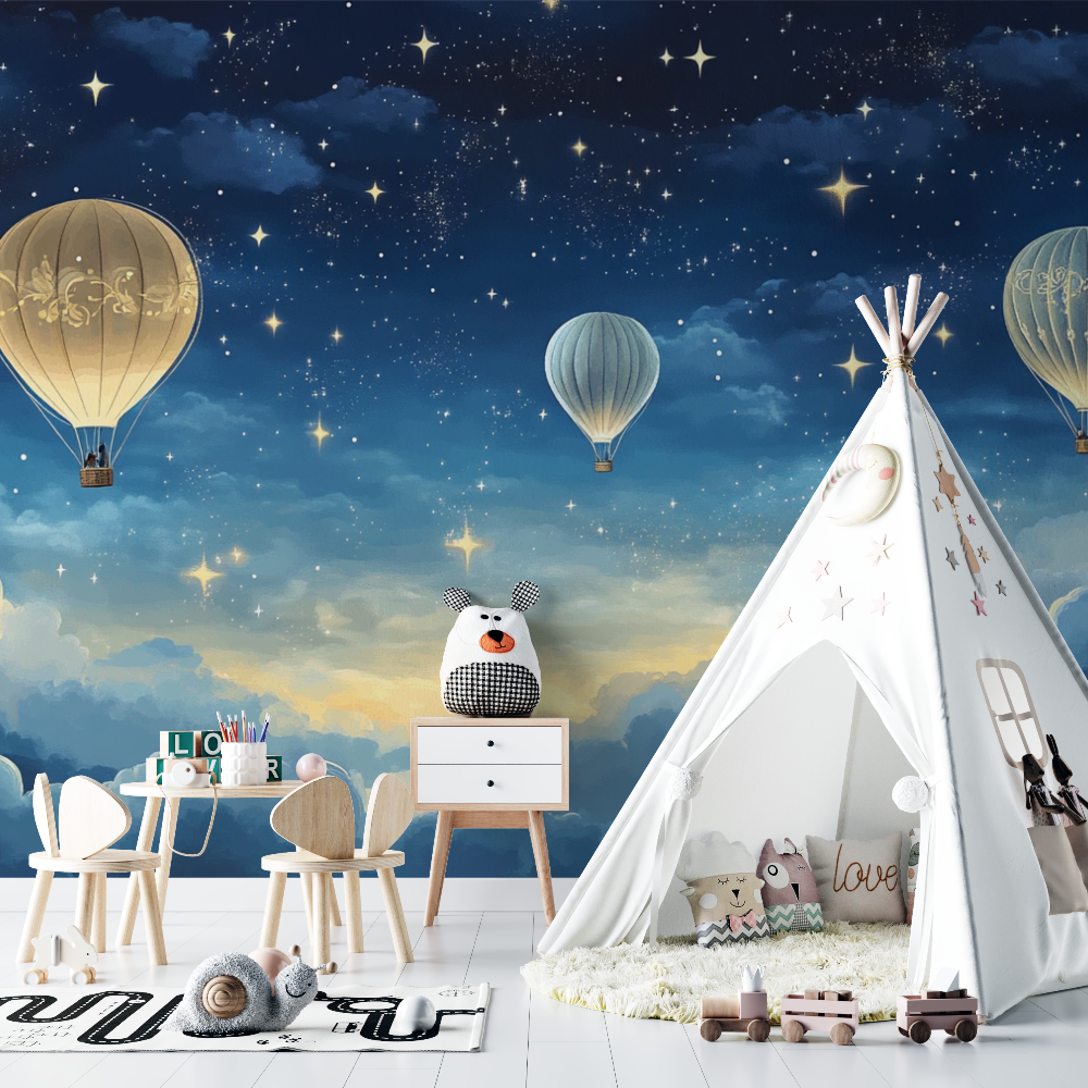 Papier peint montgolfiere et ci...e nuit etoile chambre bebe