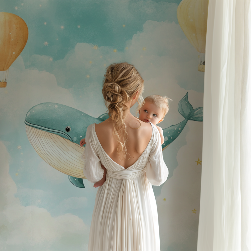 Papier peint bebe classique ciel et baleine bb123