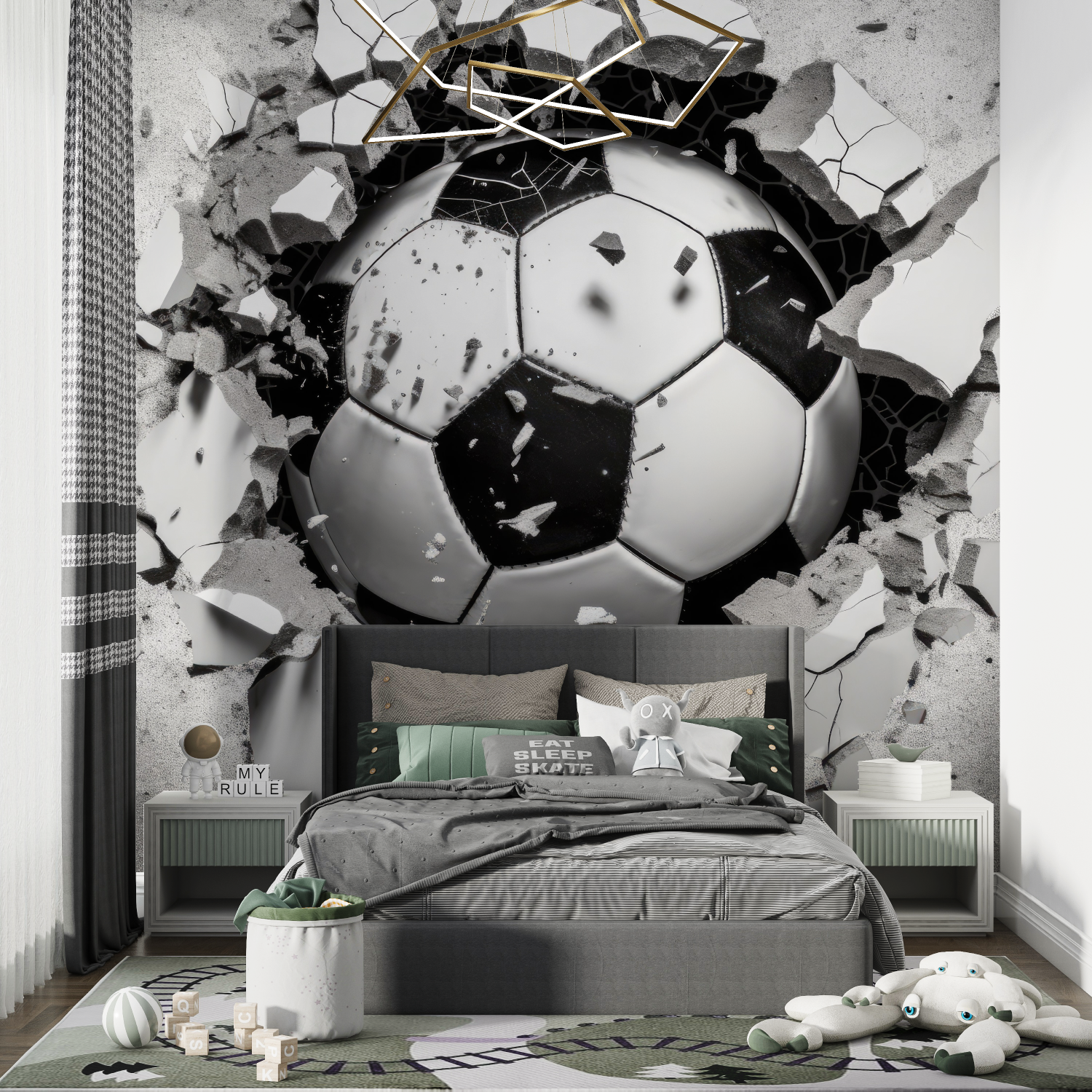 Papier peint trompe l_oeil foot chambre de garcon