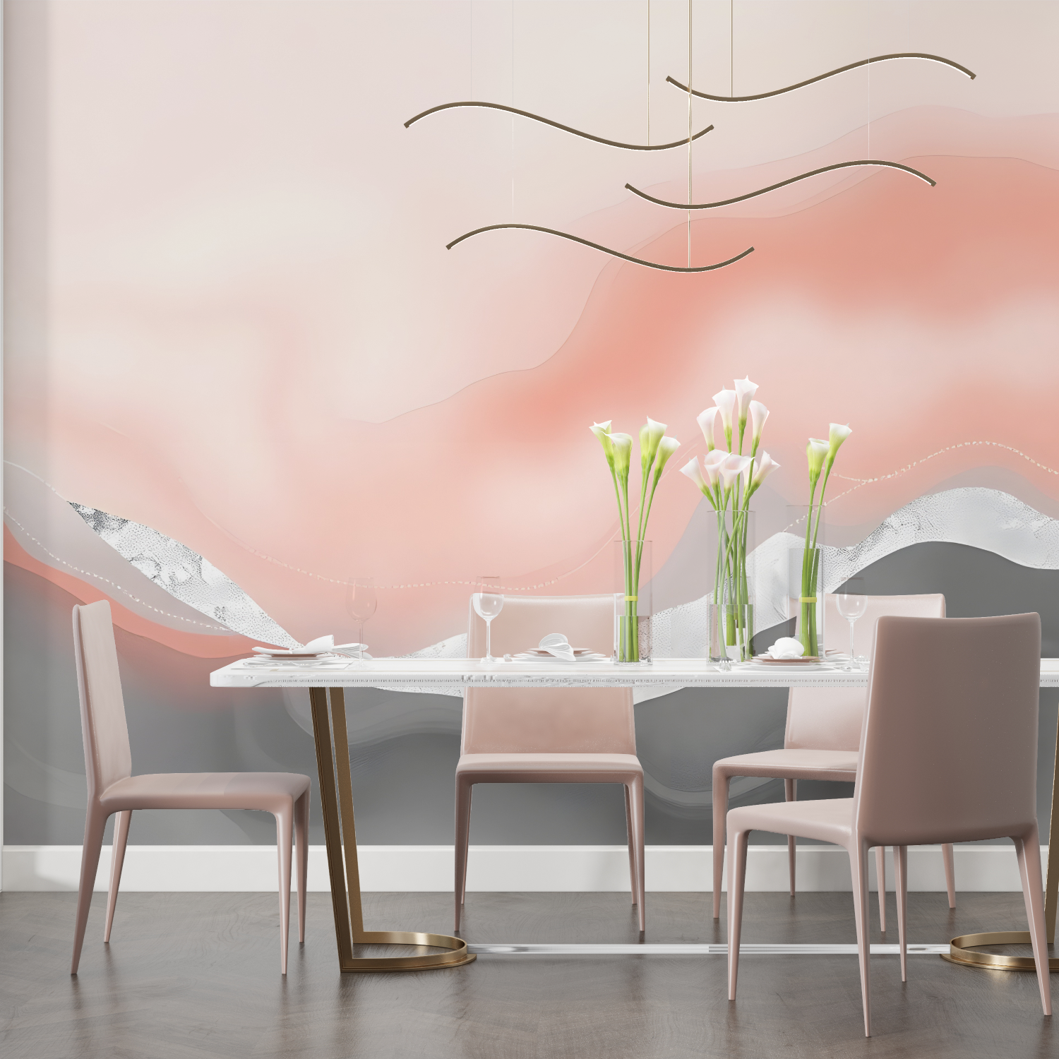 Papier peint aquarelle rose gris salon