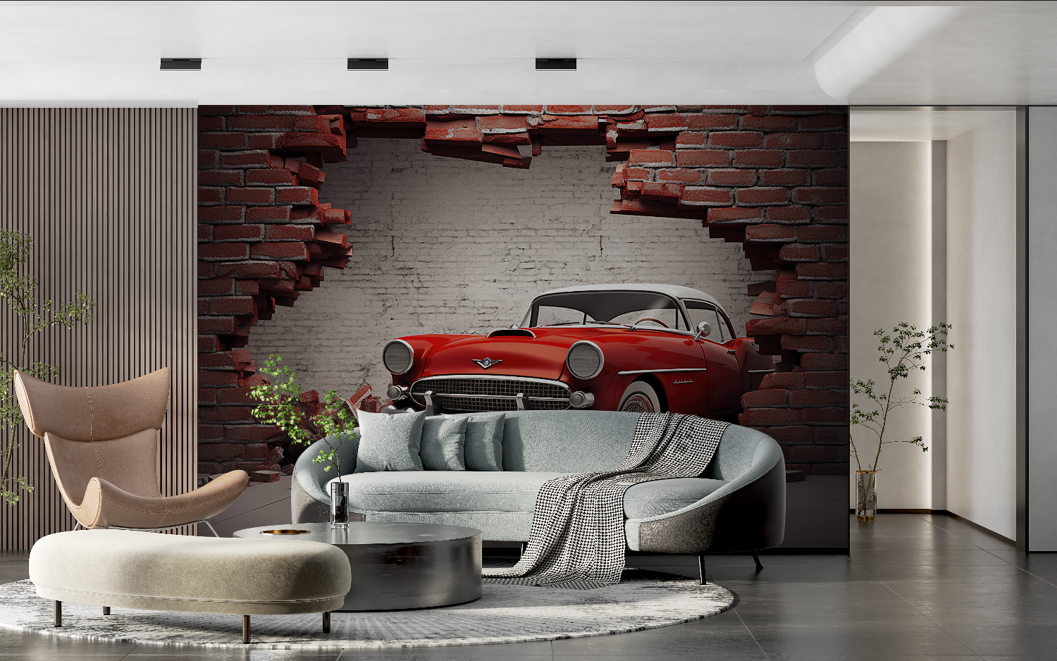 Papier peint trompe loeil voiture vintage tendance 2024