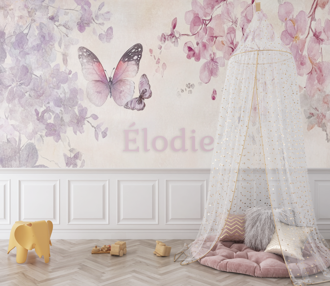 Papier peint prenom papillons rose bebe