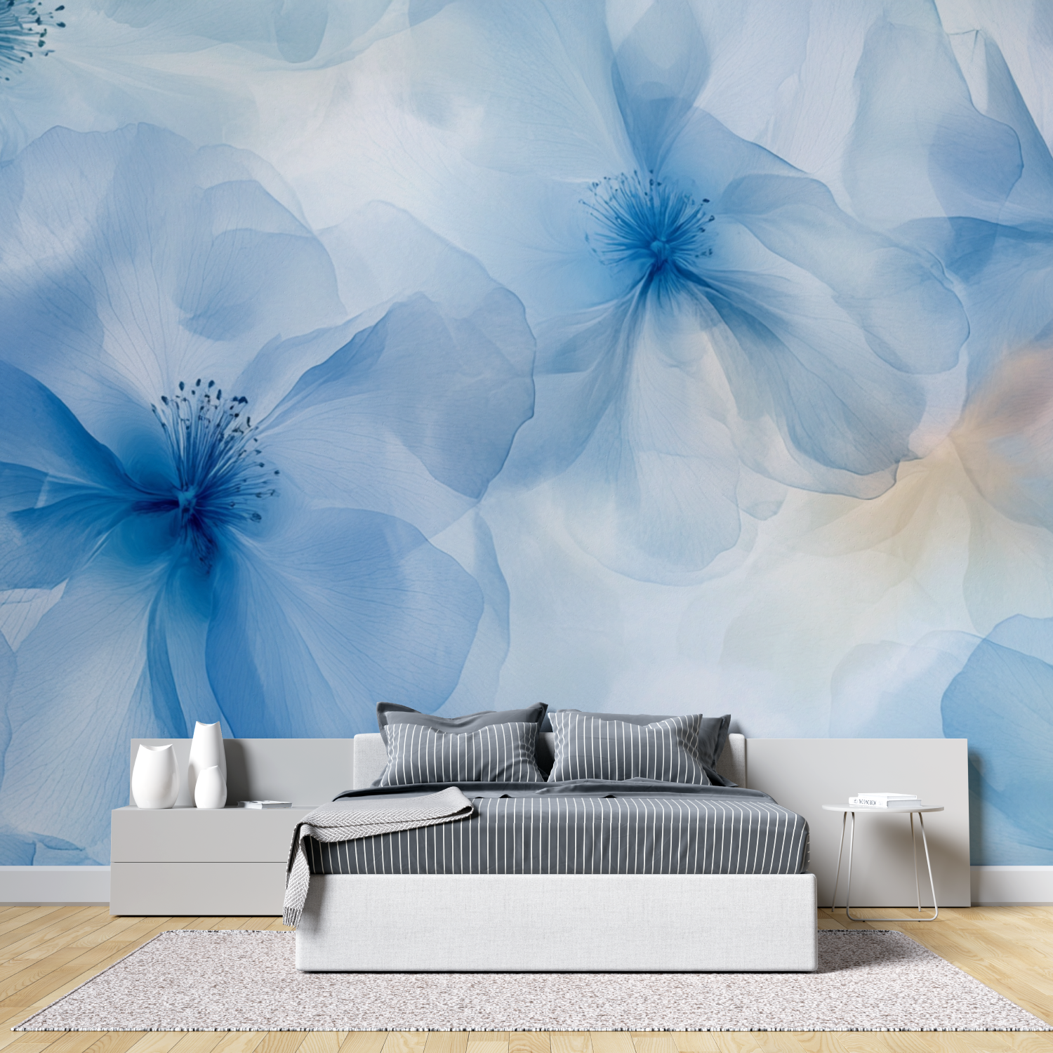 Papier peint aquarelle fleurs bleues x ray tete de lit