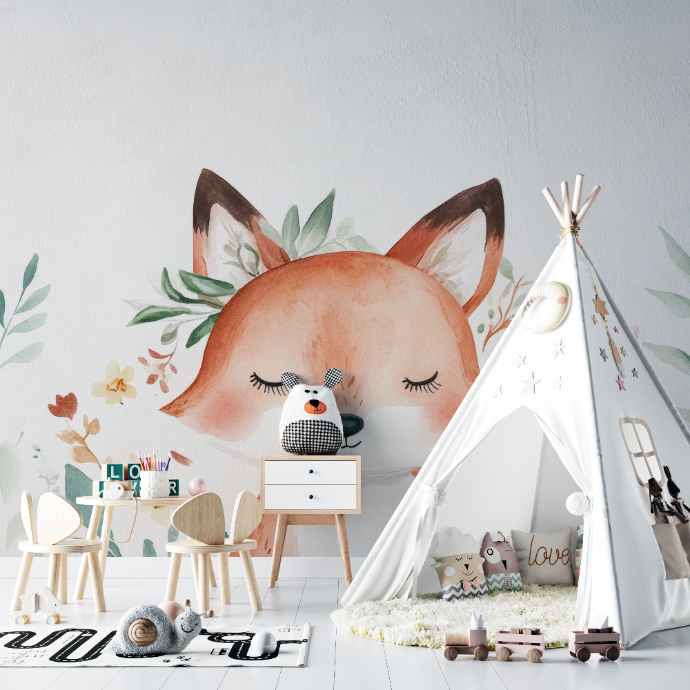 Papier peint renard boheme fond blanc chambre bebe