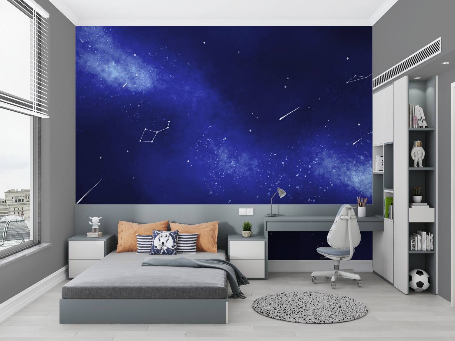 Papier peint bleu espace chambre petit