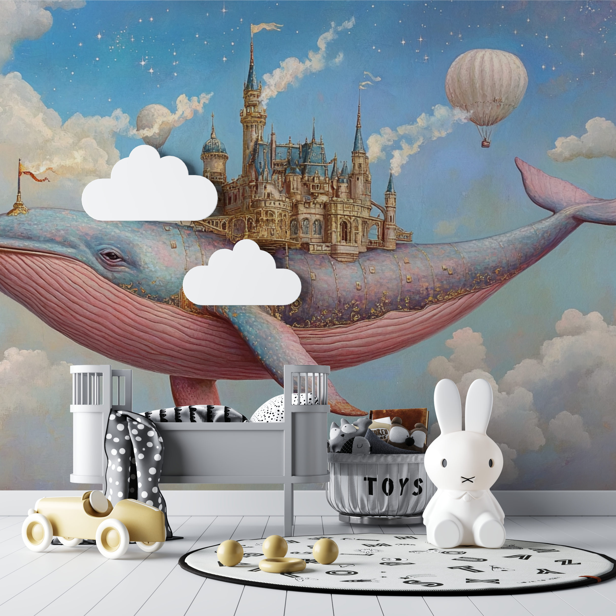 Papier peint baleine volante et chateau bebe tipi