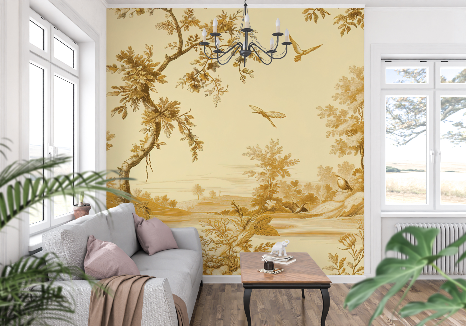 Papier Peint Toile De Jouy Vintage Jaune - tapisserie