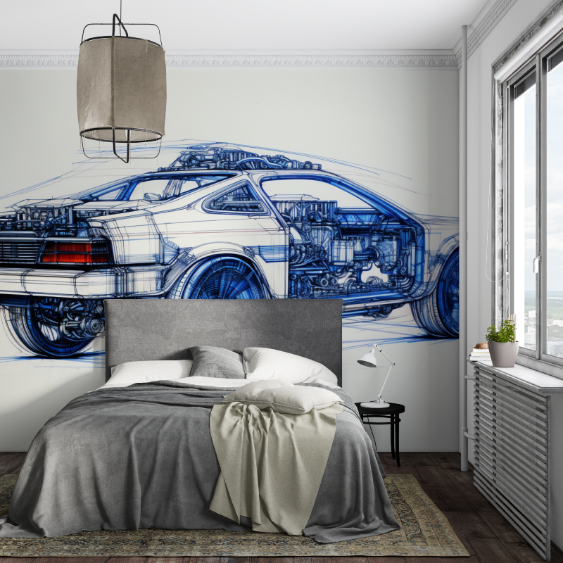 Papier peint dessin technique voiture bleu piece ados