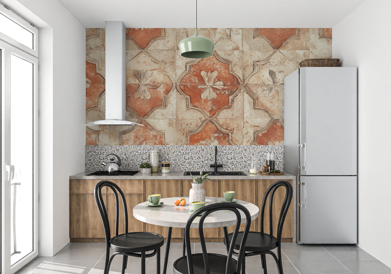 Papier peint terracotta et carrelage ancien mur cuisine