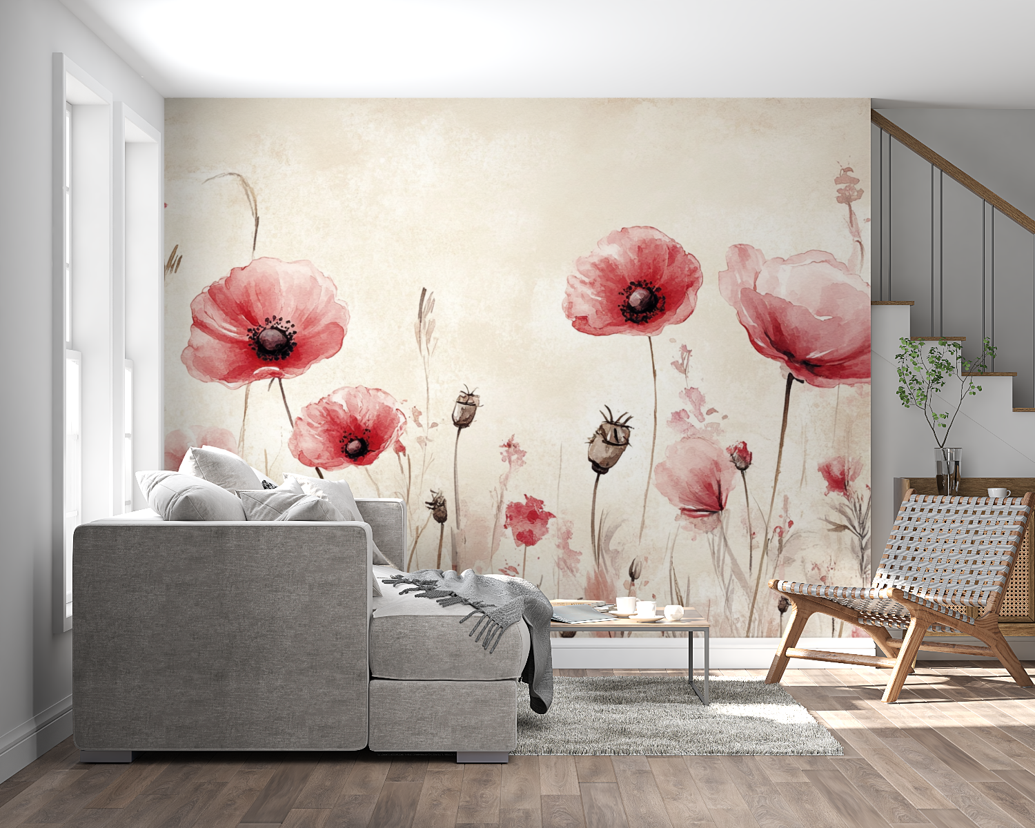 Papier peint aquarelle fleurs r... peintes panoramique mural