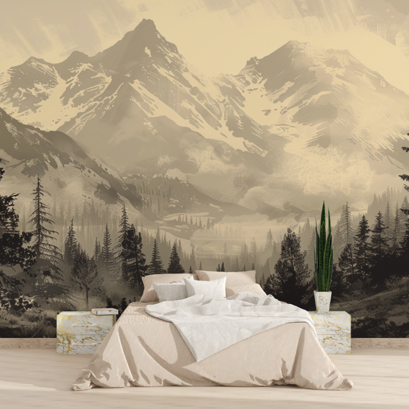 Papier peint sapin et montagne vintage sepia tapisserie 2025