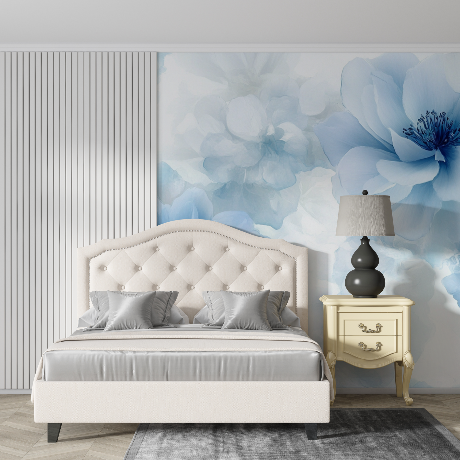 Papier peint aquarelle fleurs bleues delicates design