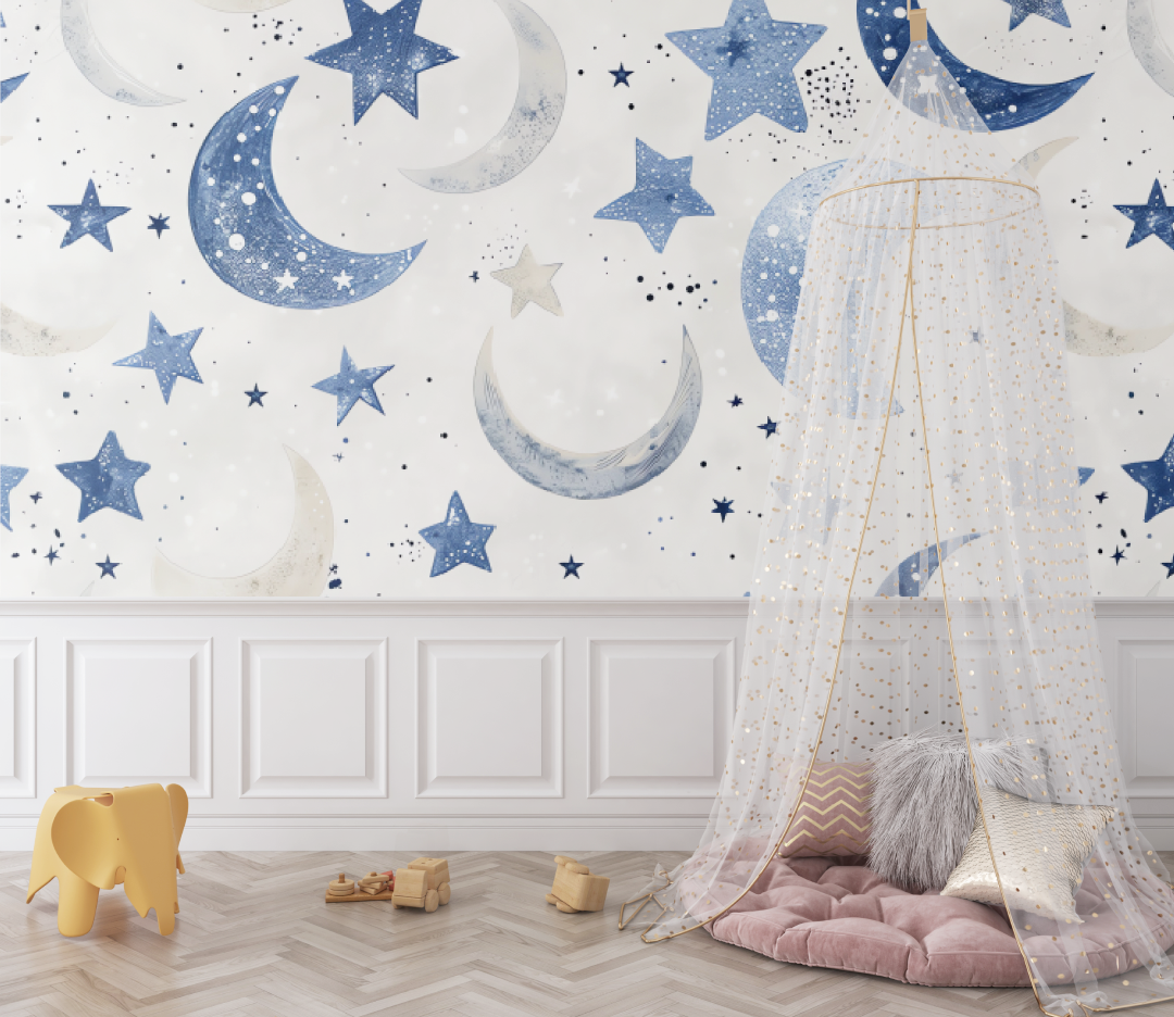 Papier Peint Bébé Étoiles Célestes Bleu - bebe tipi