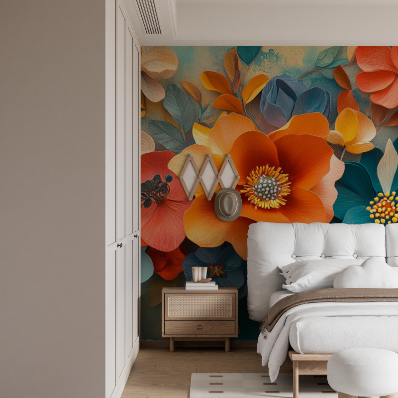 Papier peint aquarelle fleurs en relief colorees mural