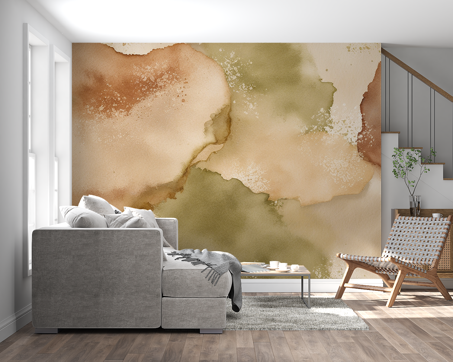 Papier peint aquarelle marron kaki panoramique mural