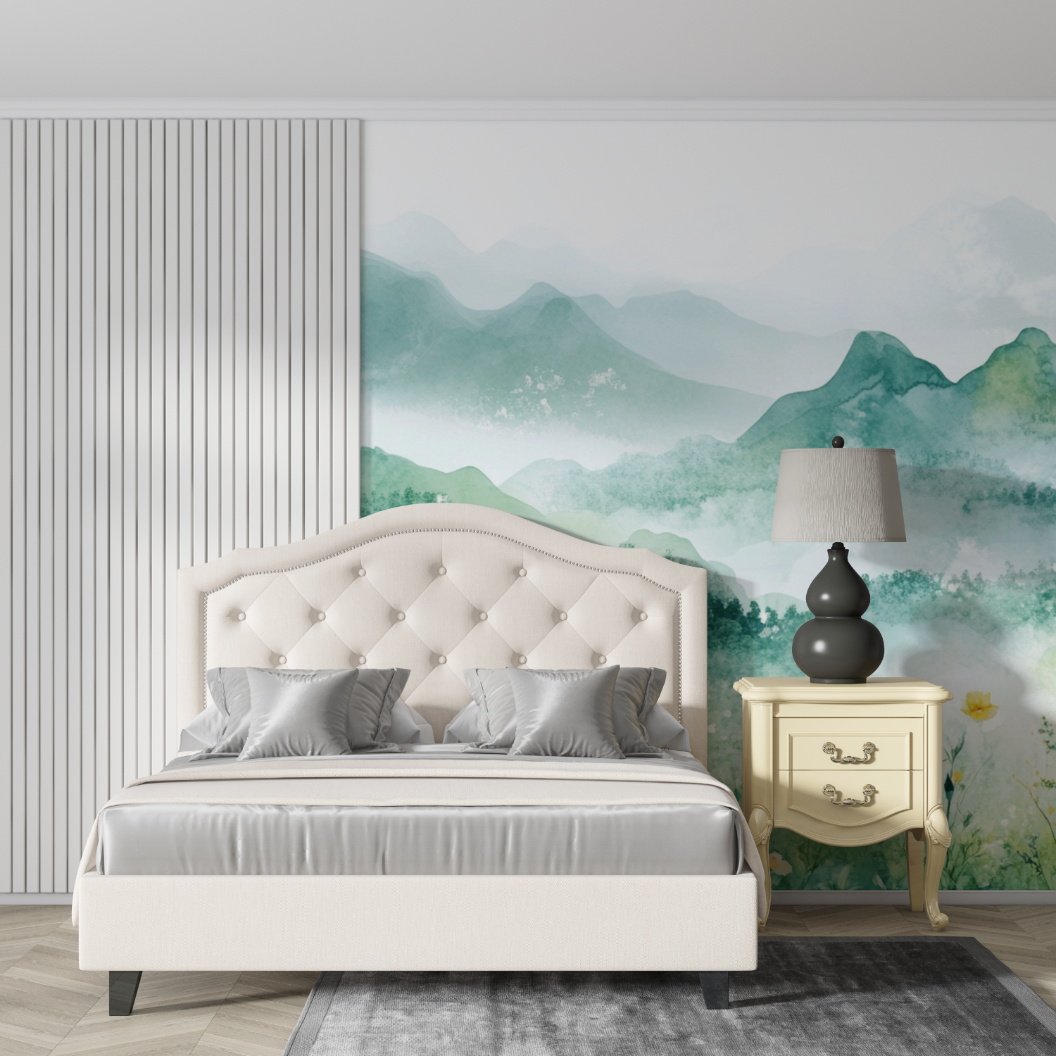 Papier peint aquarelle paysage floral avec collines design