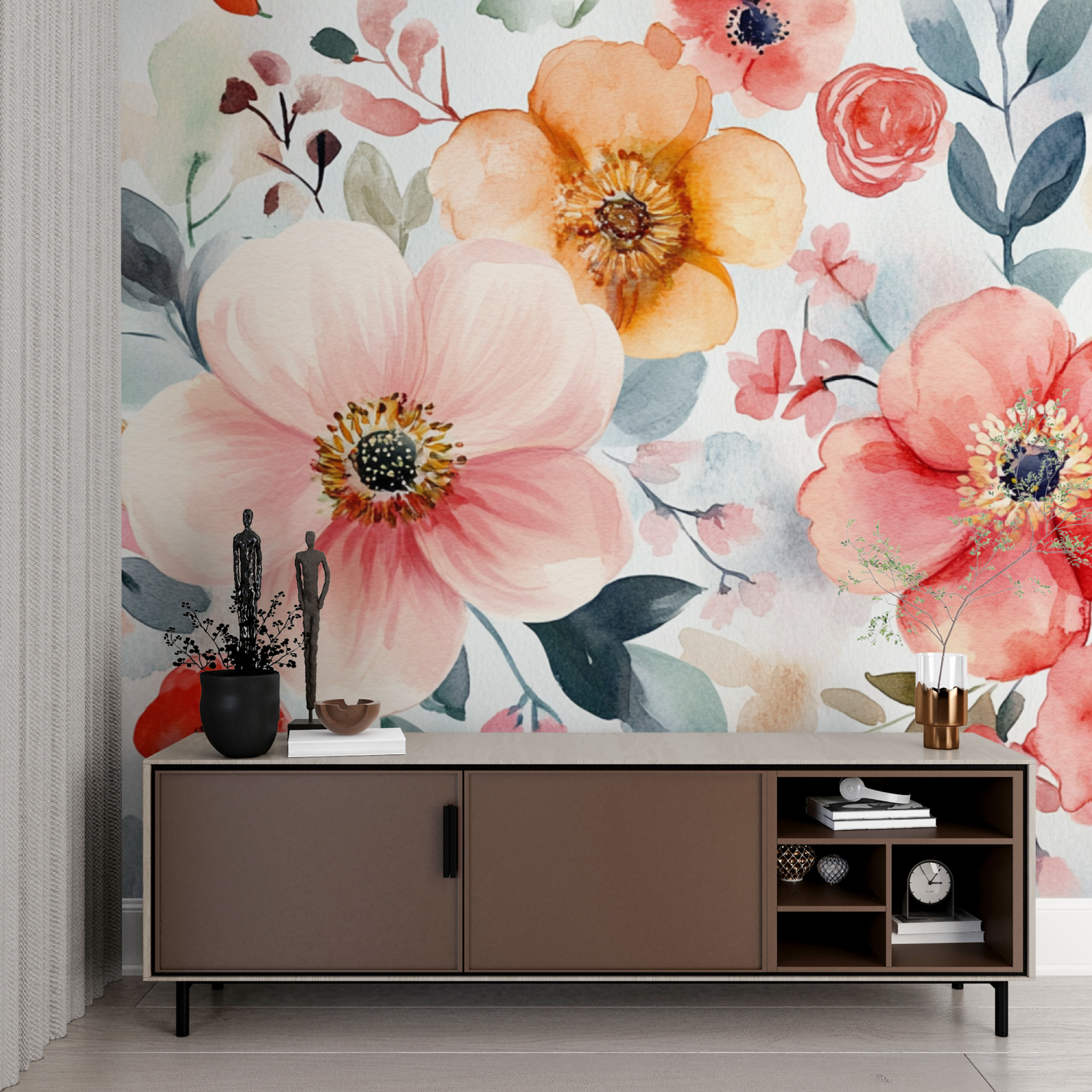 Papier peint aquarelle floral boheme delicat imprime
