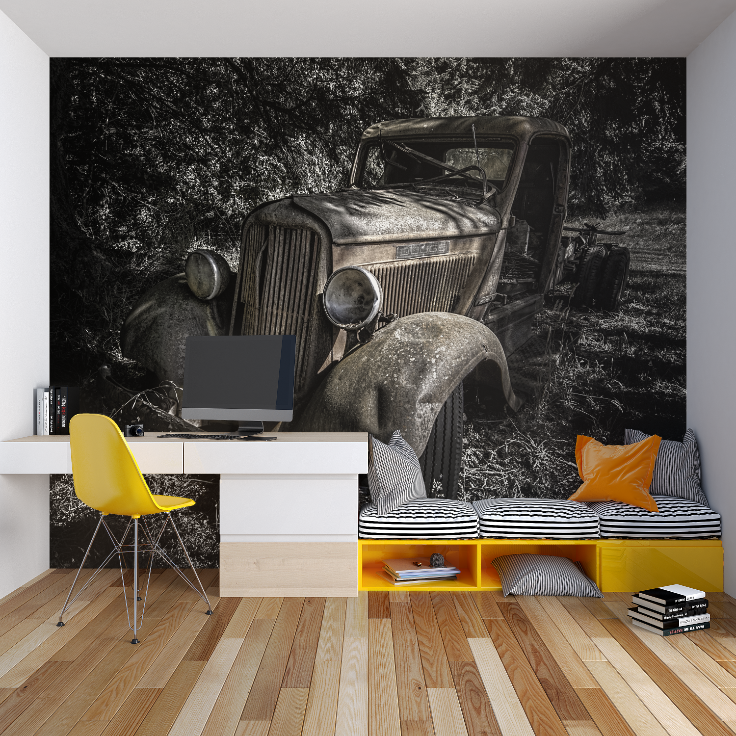 Papier peint noir et blanc meta...voiture chambre garcon lit