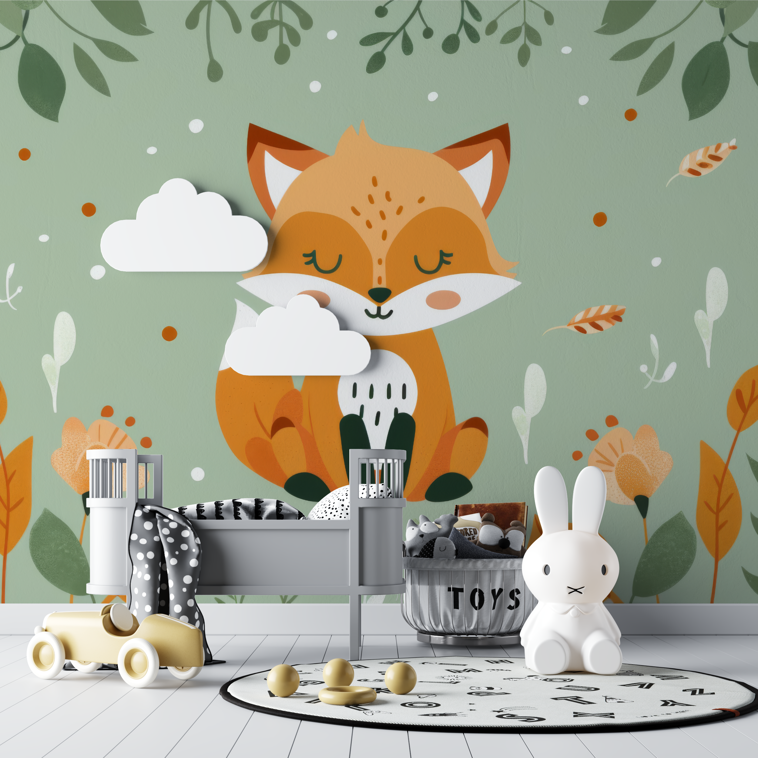 Papier peint renard et feuillage tropical bebe tipi