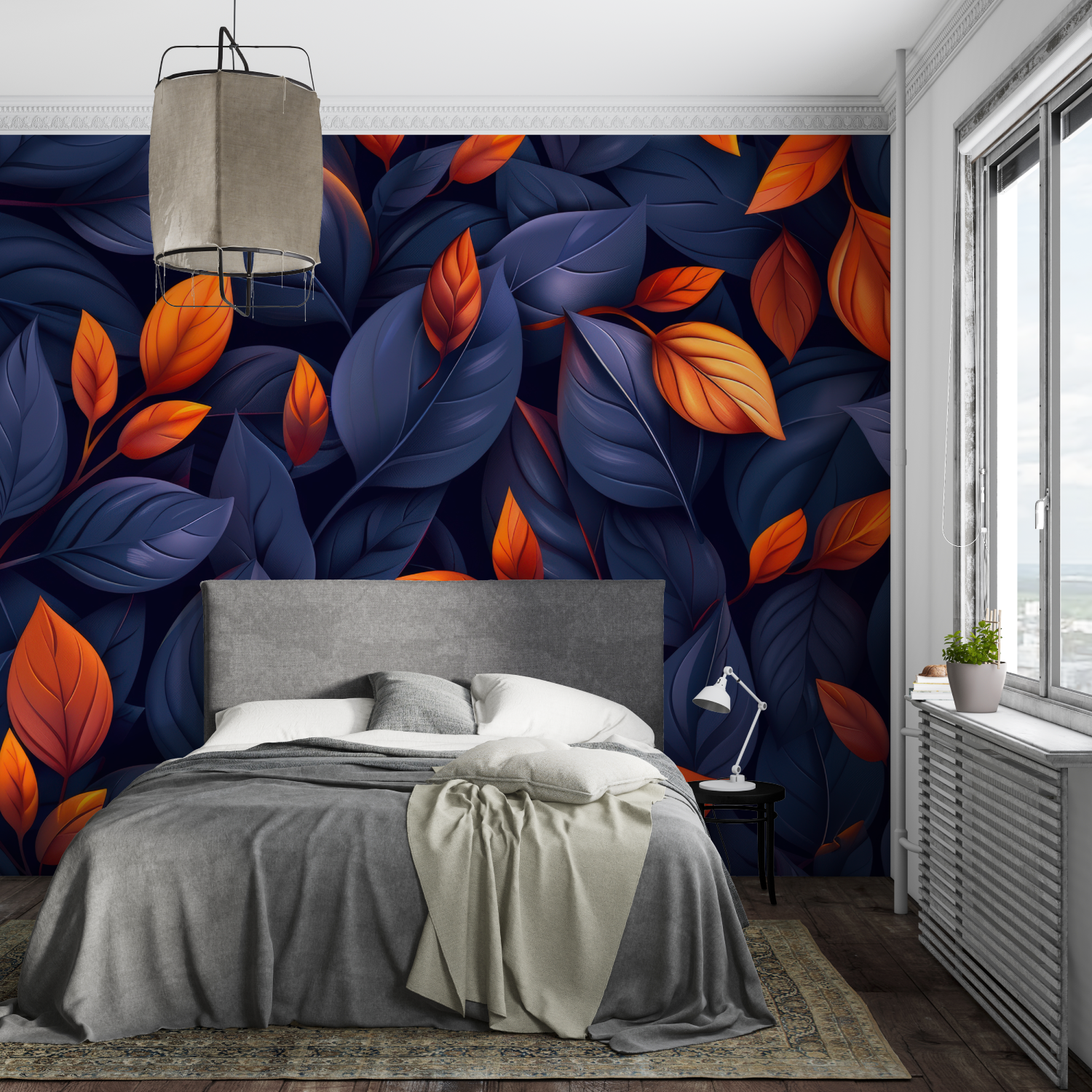 Papier Peint Bleu Foncé Orange - mural