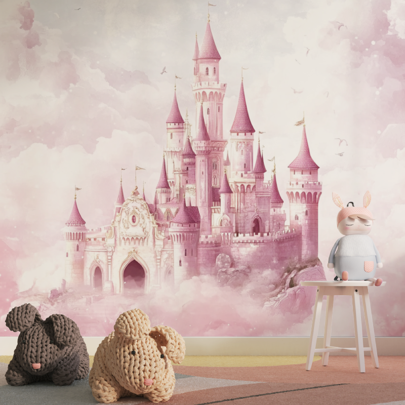 Papier peint princesse chateau rose tapisserie pour fille