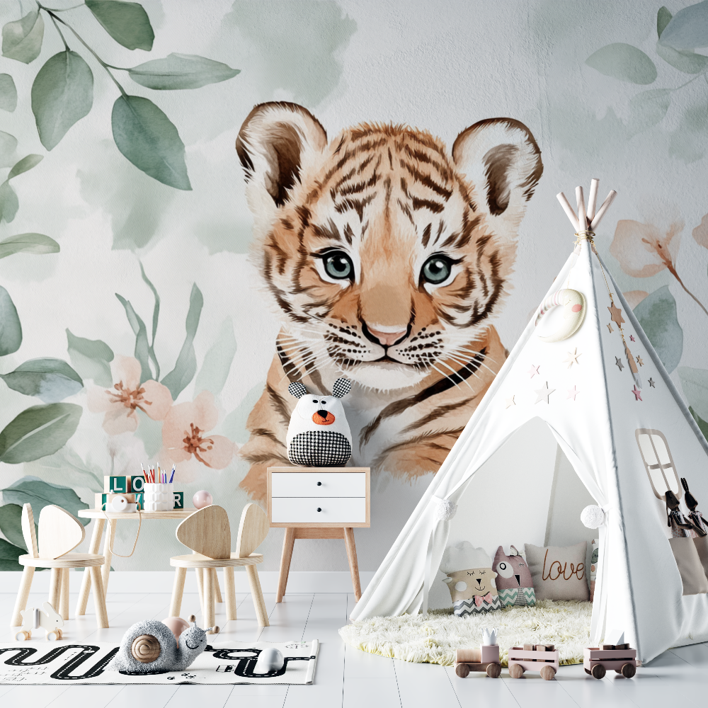 Papier peint tigre et feuilles deucalyptus chambre bebe