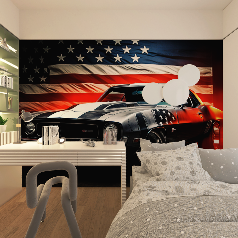 Papier peint voiture americaine...rapeau chambre adolescents