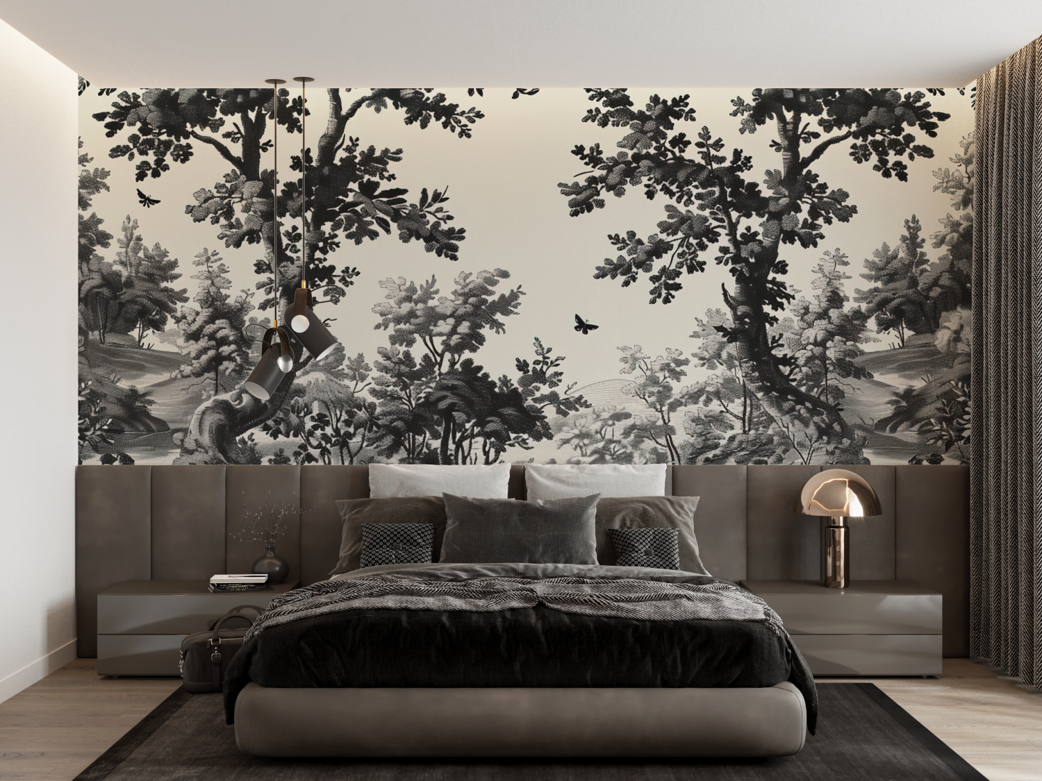 Papier Peint Toile De Jouy Paysage Noir Blanc - tapisserie