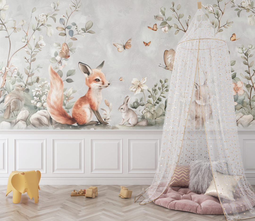 Papier peint renard et fleurs sauvages bebe