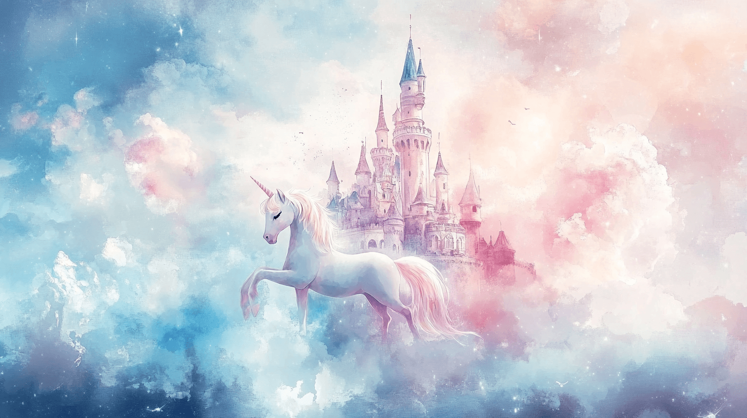 Papier Peint Décoration Licorne Pour Chambre Nuages Et Château