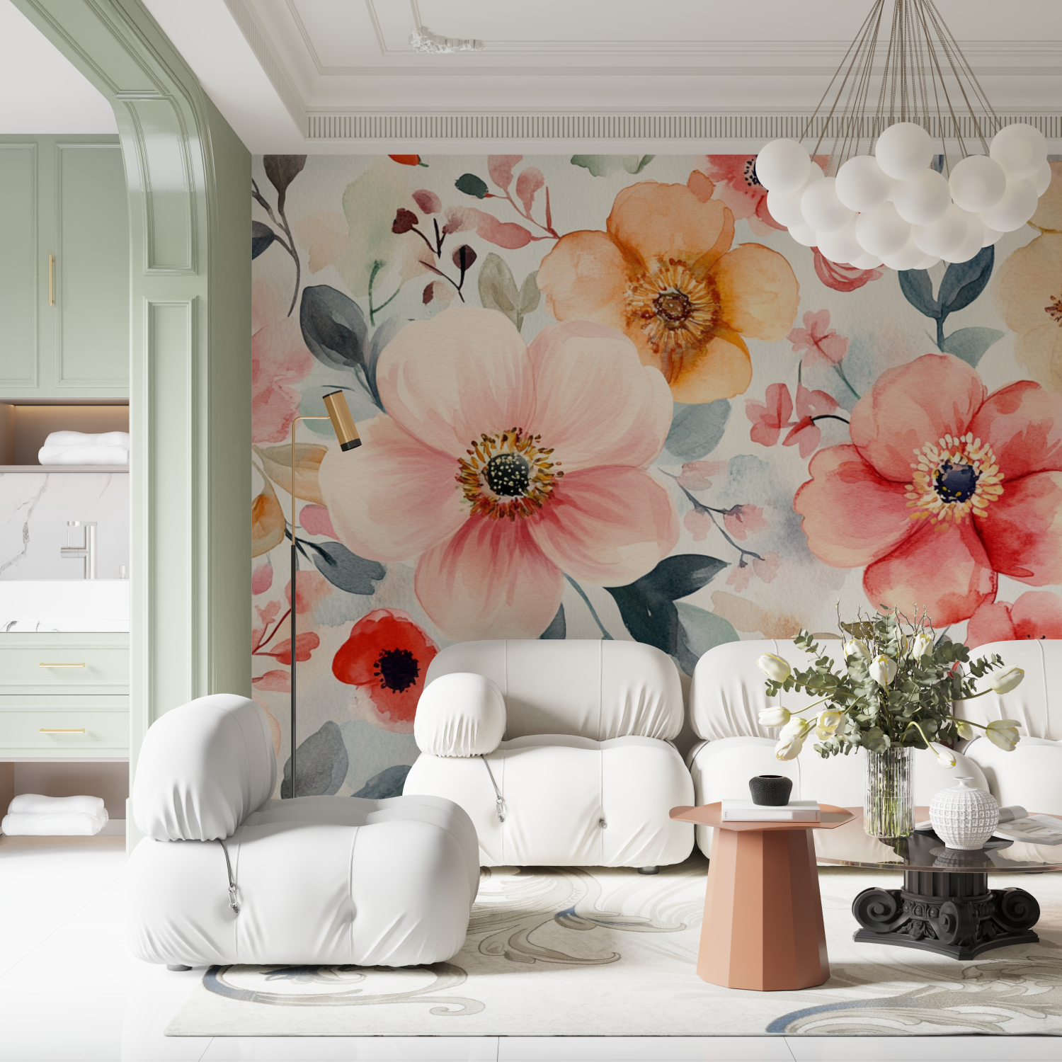 Papier peint aquarelle floral boheme delicat contemporain