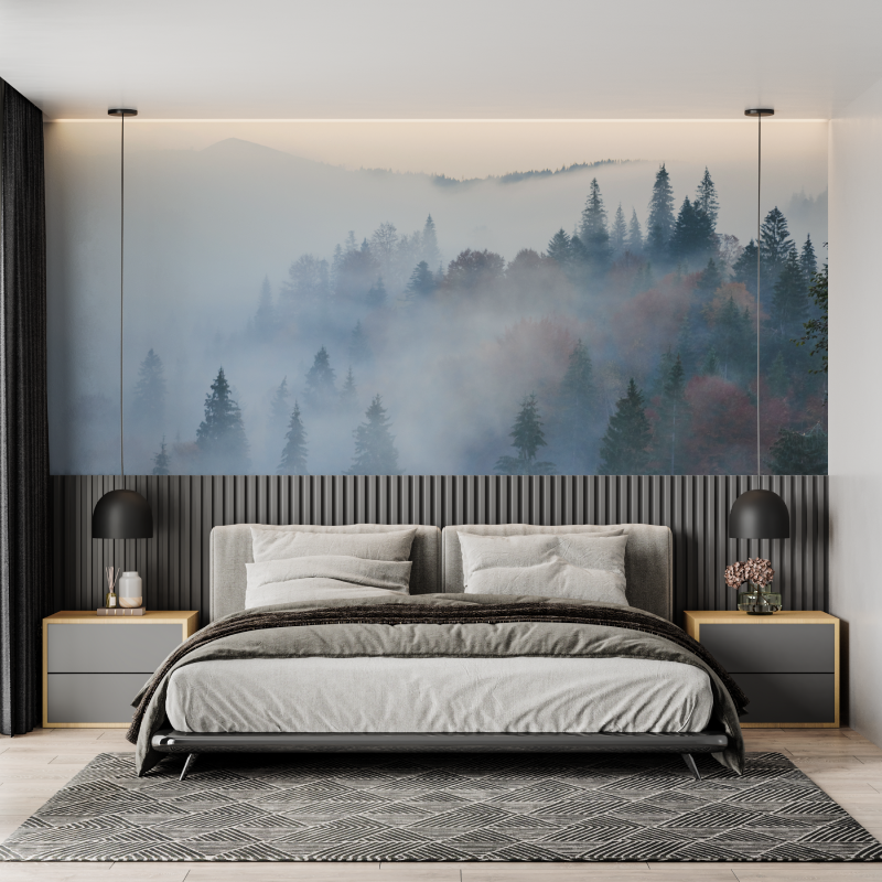 Papier peint aquarelle foret embrumee mural adulte
