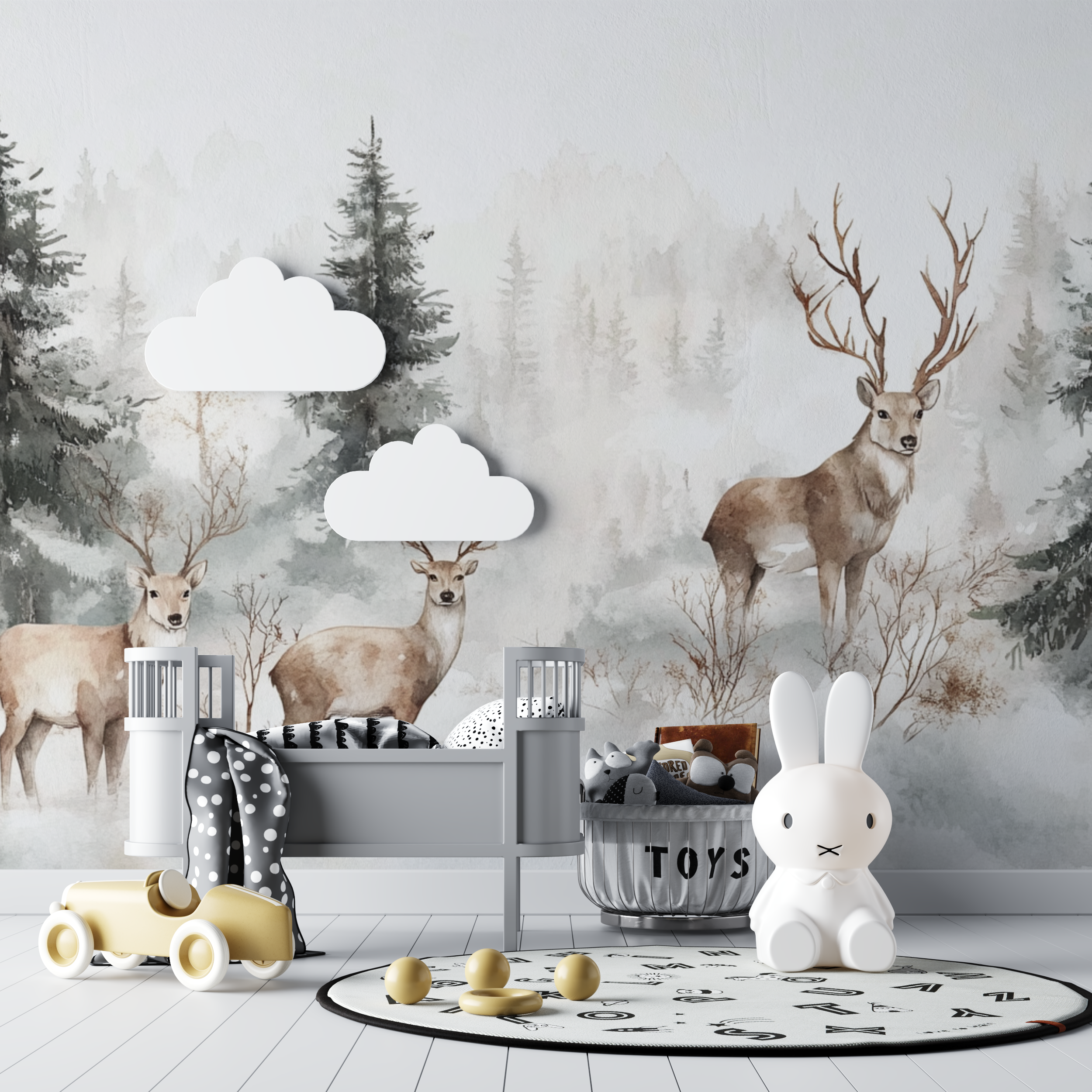 Papier peint cerf et foret blanche bebe tipi