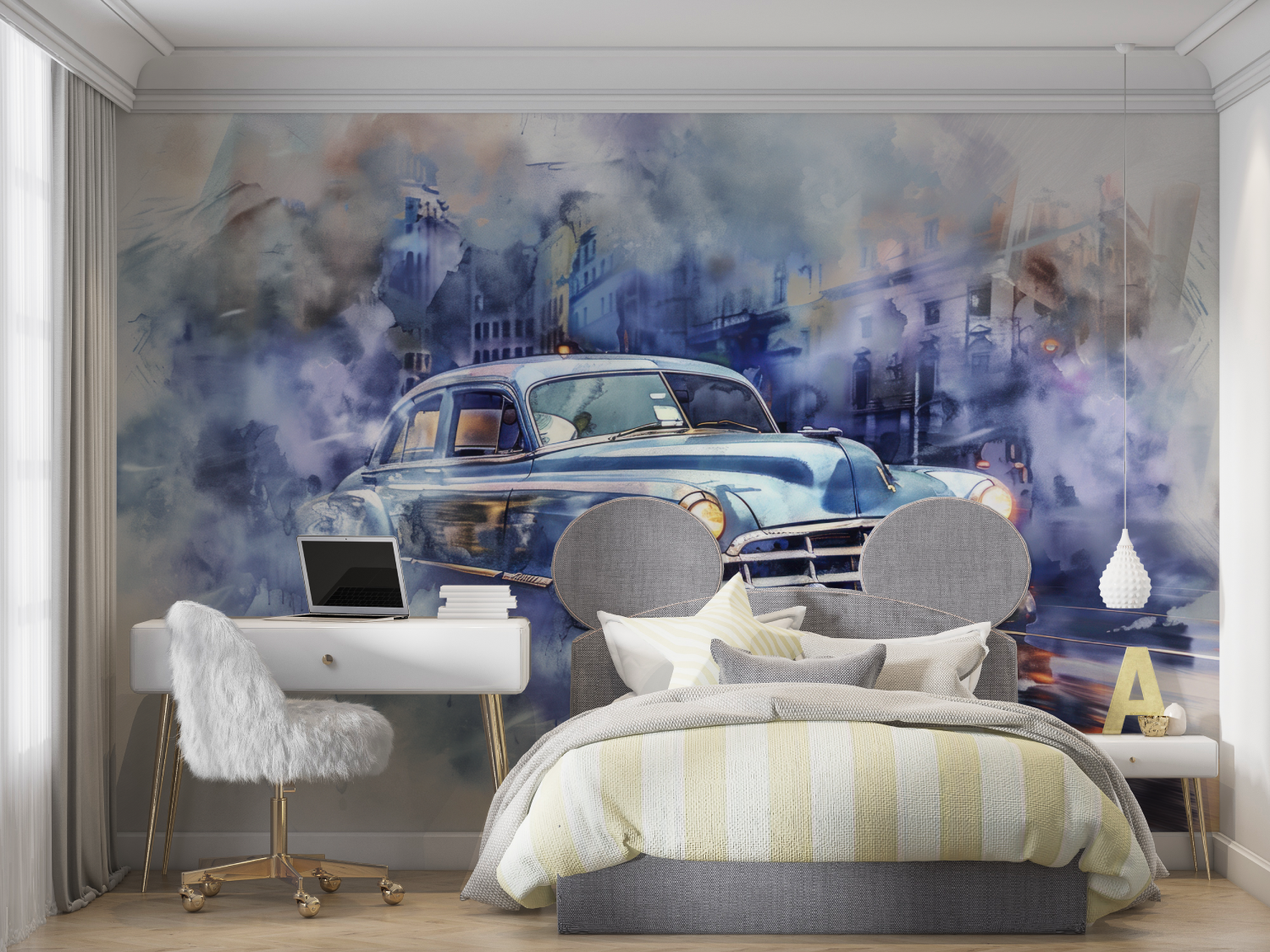 Papier peint bleue voiture cuba...le mur chambre panoramique