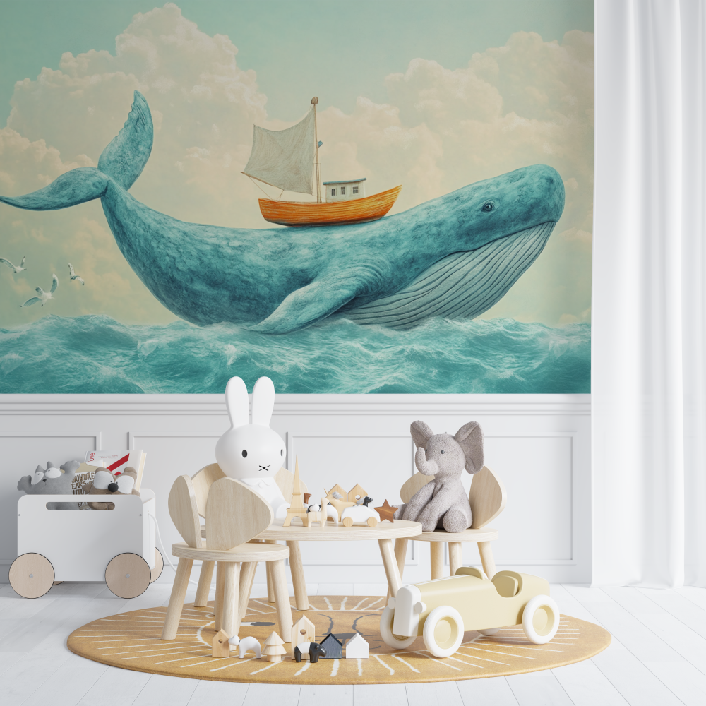 Papier peint baleine panoramique bleu ciel chambre de bebe