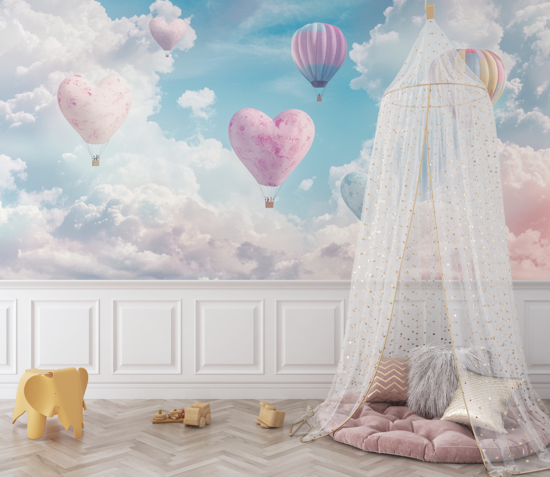 Papier peint montgolfiere et nuages en forme de cur bebe