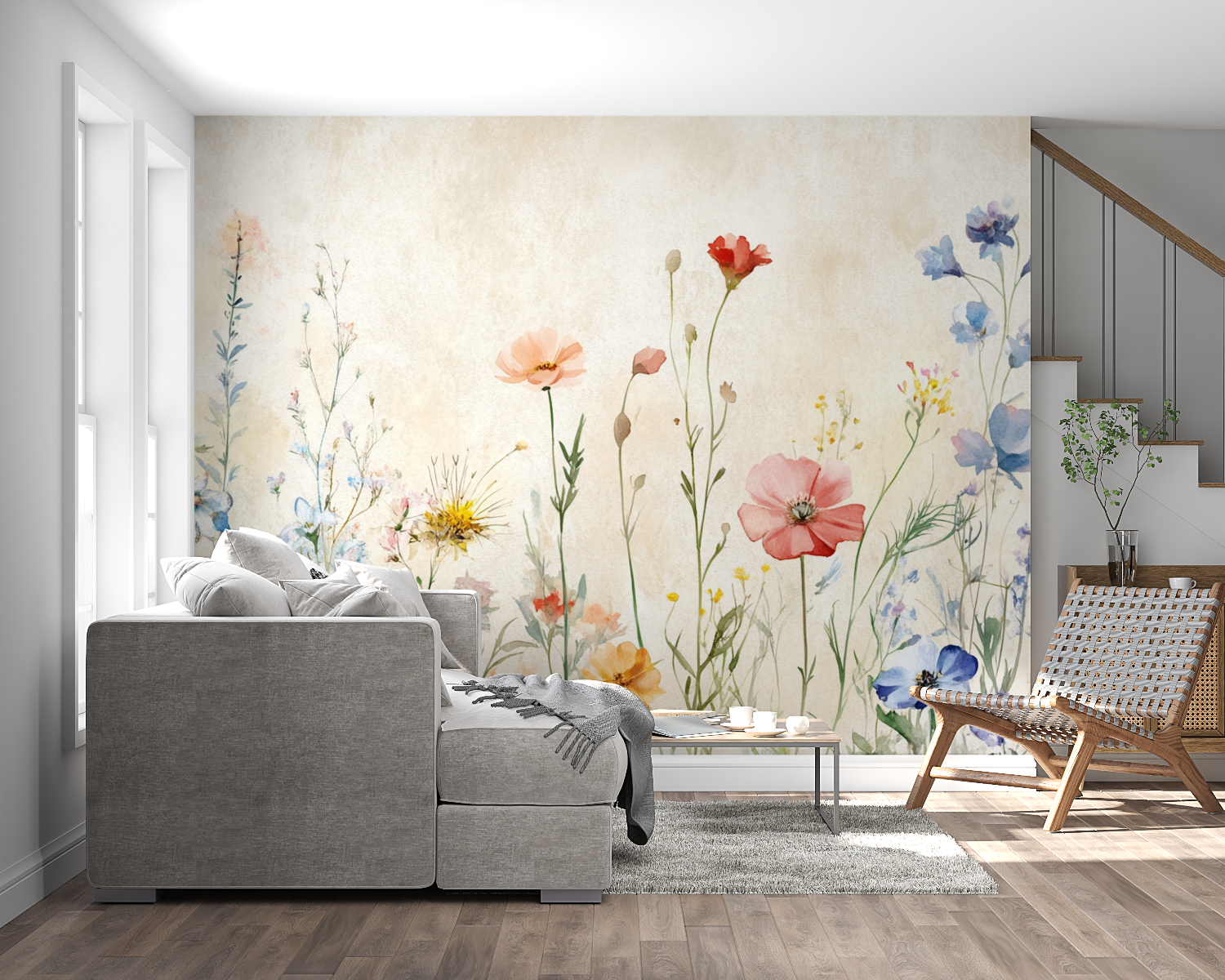 Papier peint aquarelle fleurs herbes panoramique mural