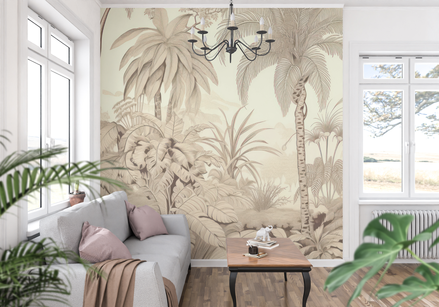 Papier Peint Toile De Jouy Jungle Beige - francais