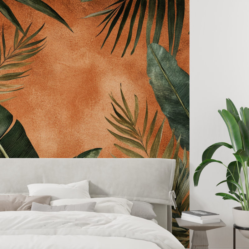 Papier peint terracotta avec fe...icales tapisserie tendance