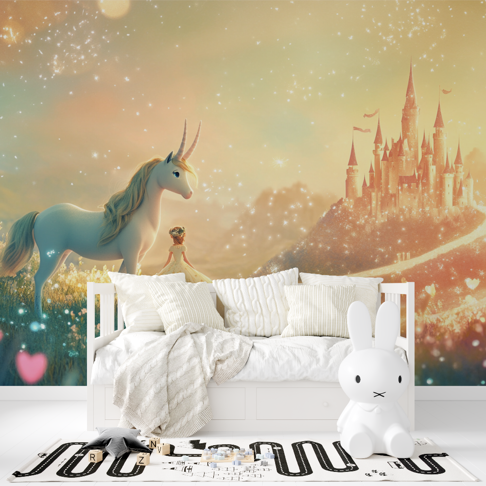 Papier peint chateau princesse et licorne tapisserie fille