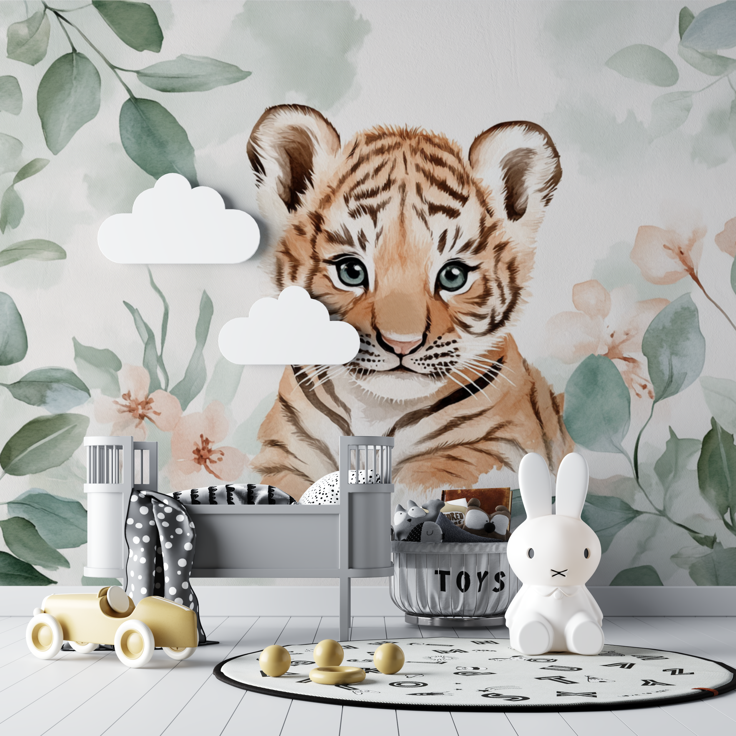 Papier peint tigre et feuilles deucalyptus bebe tipi